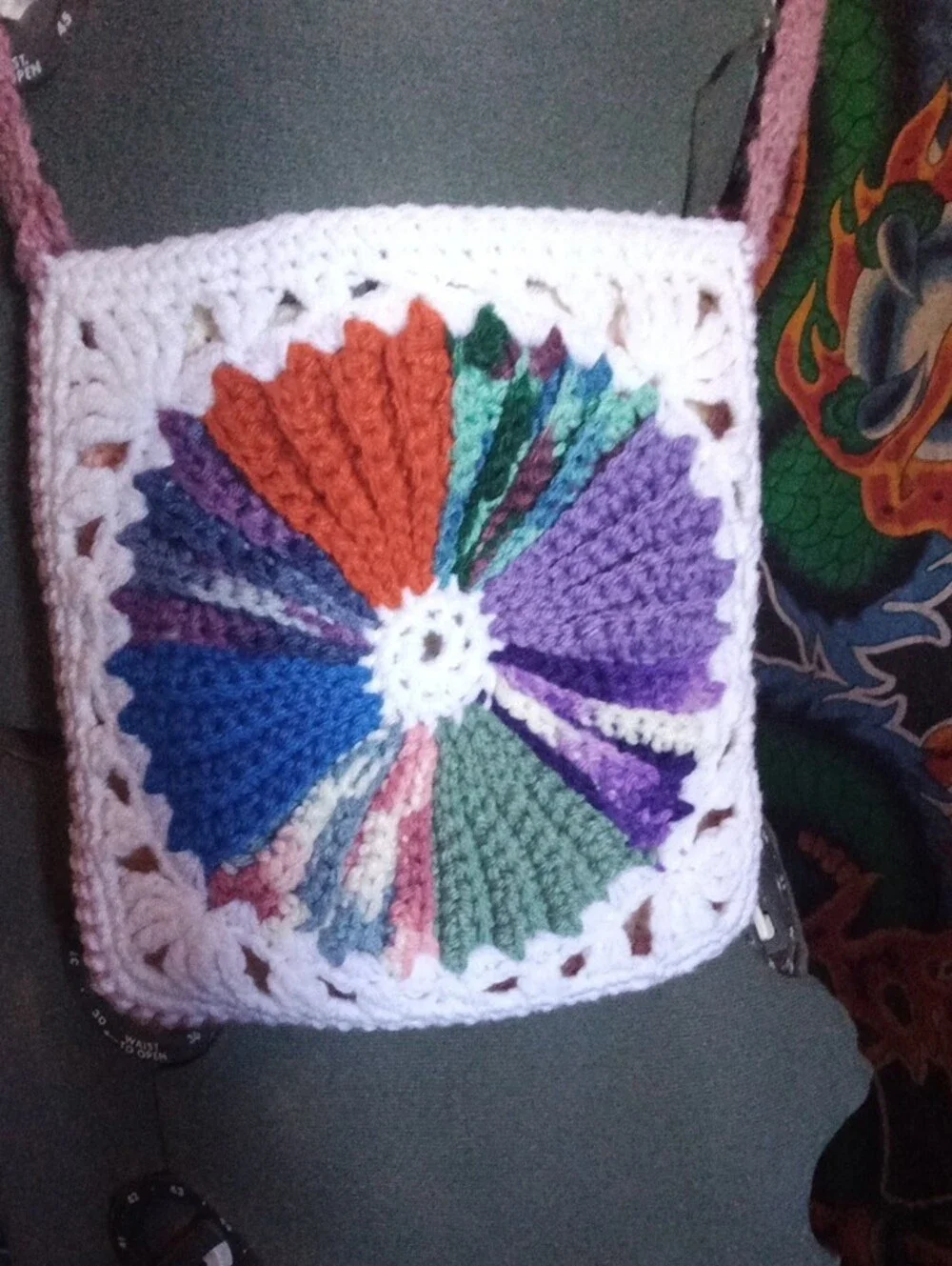 Handmade Crochet Crossbody Bag 8x8 in Pink and Blue